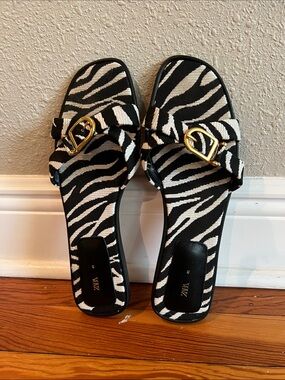 Zara Black and White Zebra Slide Sandals with Gold Accent